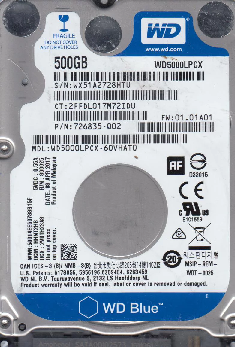 WD5000LPCX-60VHAT0, DCM HHNT2HB, Western Digital 500GB SATA 2.5 Hard Drive