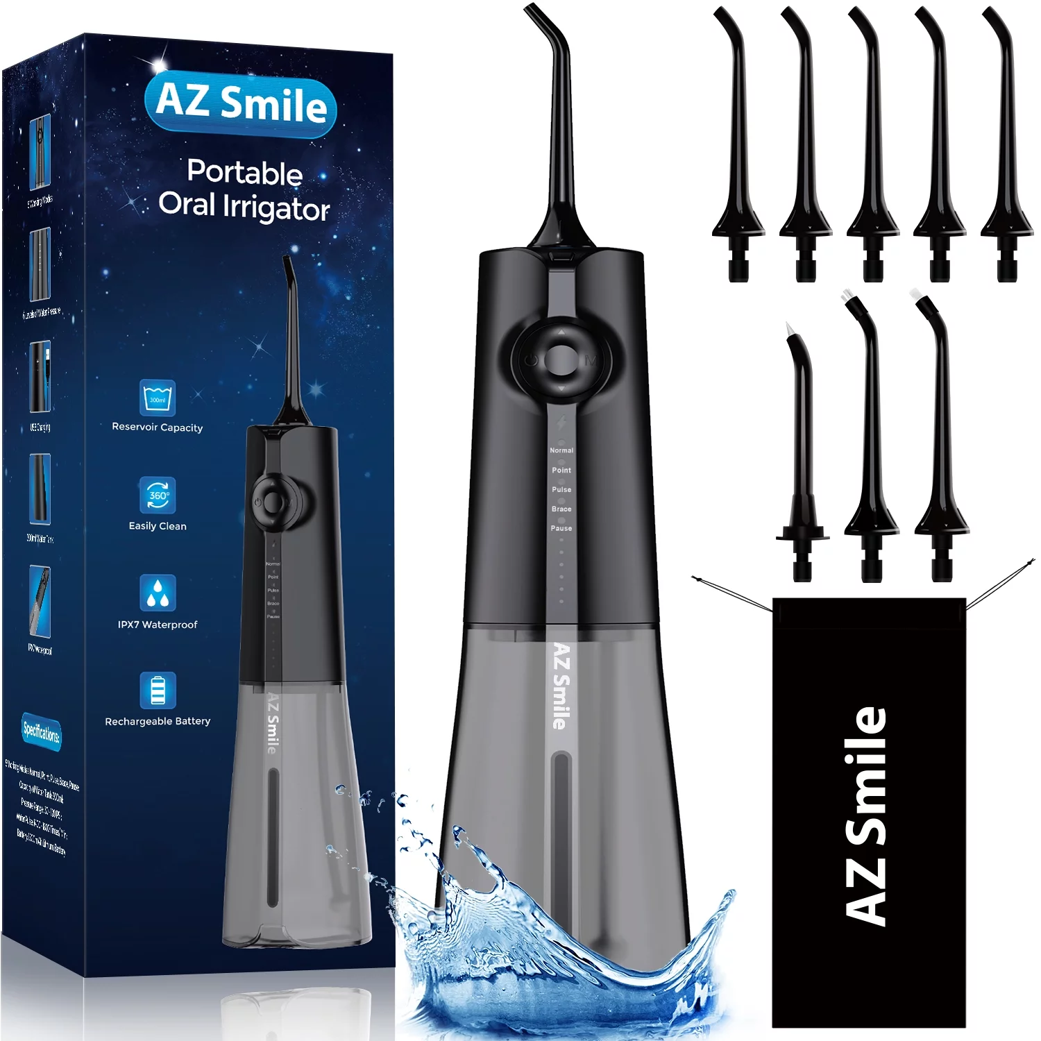 AZSmile Cordless Water Flosser for Teeth Cleaning, 5 Modes Portable Oral Irrigator for Teeth, Dental Care with 8 Tips, 300 ML Detachable Water Tank, Rechargeable Water Pick for Home Travel Black