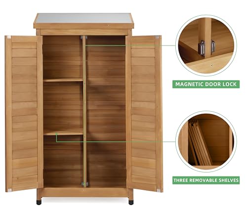 58''x30''x18'' Outdoor Wooden Storage Shed with Metal Top Tall Vertical Tool Cabinet for Backyard Garden Patio Lawn (Gold)