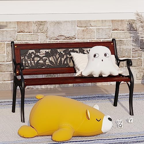 Outdoor Kids Bench Patio Mini Sized Garden Bench With Wooden Seat And Cast Iron Backrest For Porch, Lawn, Backyard And Indoor