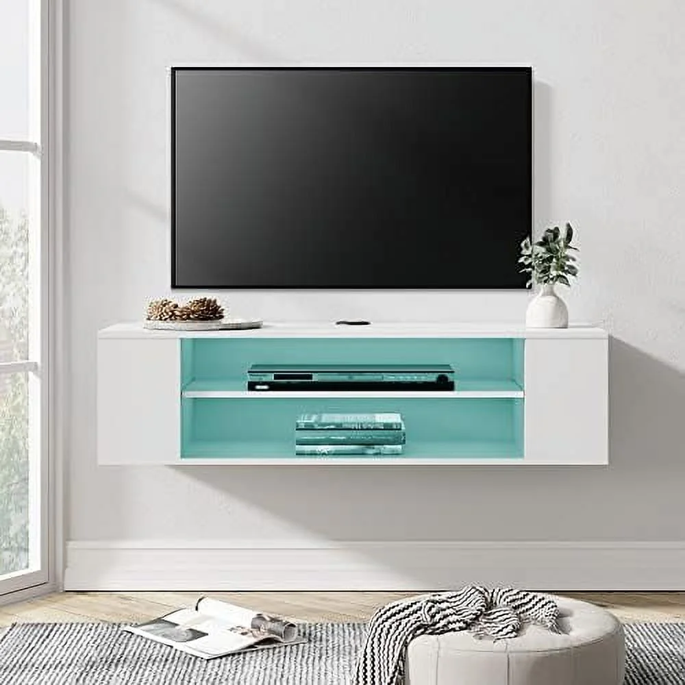 RUNFAYBIU Floating TV Stand with Blue LED Lights Wall Mounted  Entertainment Center  Floating TV Cabinet Media Console Wood  Hutch Under TV for Living Room Grey White 39.4 Inch