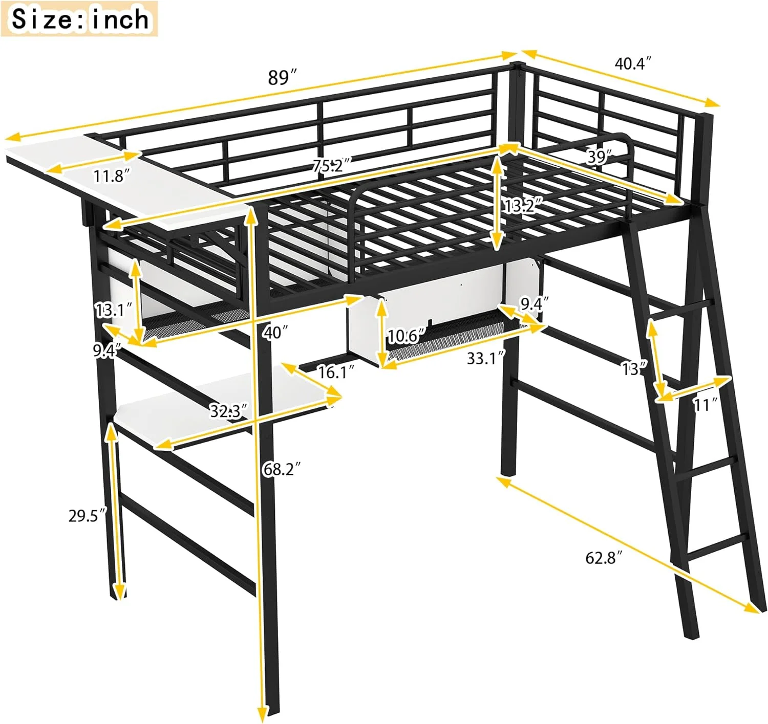 Size Lof Bed Wih Desk Ad Hagig Rode, Meal Lof Bed Frame Wih Sorage Shelves, Heavy-Duy Black Lof Beds For Kids Boys Girls ees Dorm Bedroom