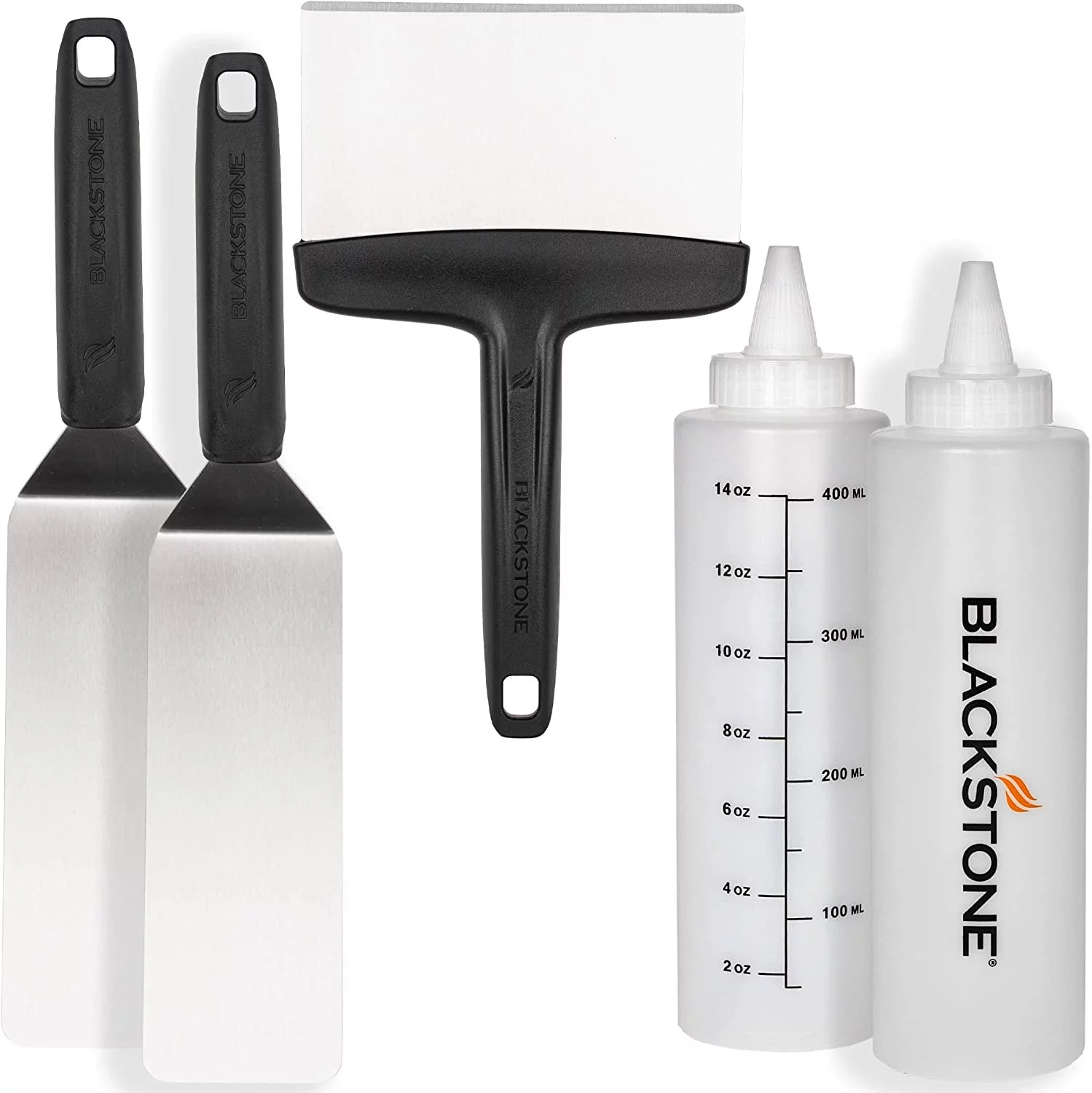 Blackstone Professional Grade Accessory Tool Kit 5 Pieces 16 oz Bottle, Two Spatulas, Chopper/Scraper and One Cookbook-Perfect for Cooking Indoor or Outdoor, Multicolor