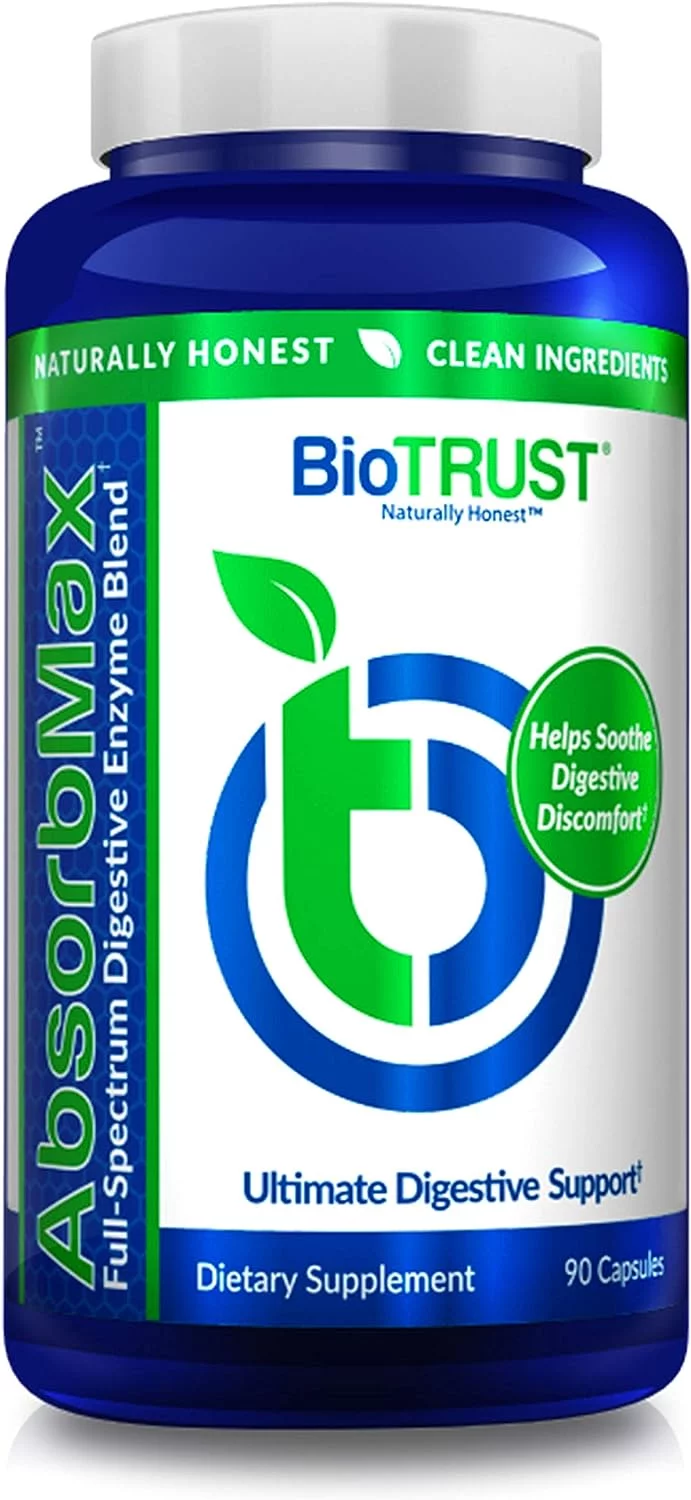 BioTrust AbsorbMax Broad Spectrum Digestive Enzyme Blend, Gluten Free, Non GMO, Digestive Support for Nutrient Digestion, Absorption and Periodic Digestive Discomfort and Bloating
