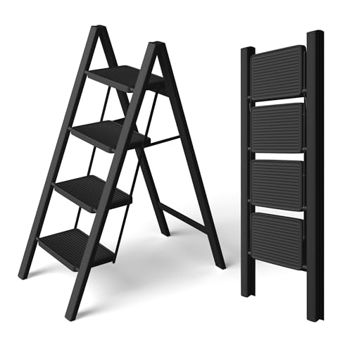 4 Step Ladder, Lightweight Folding Ladder with Anti-Slip Wide Pedal, Portable Multi-use Steel Step Stool for Adults, 330lbs Capacity Stepladder for Home, Office, Kitchen, Library (Black)