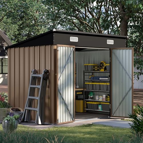 Aoxun 6x3.9 FT Shed with Base Metal Outdoor Storage Shed Garden Shed with Lockable Doors Tool Shed Bike Shed for Backyard, Patio, Poolside (Brown)
