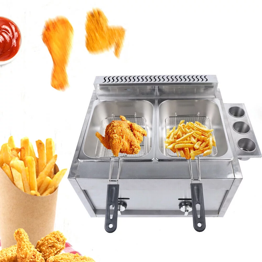 CNCEST Commercial 2 Burner Deep Fryer Propane Gas Fryer Propane LPG 2 Basket Stainless Steel