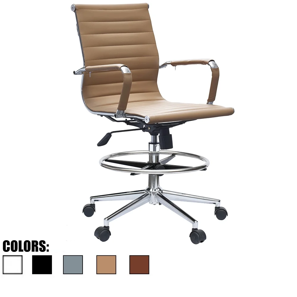 Homelala Office Drafting Chair Ribbed Mid Back With Wheels And Arms For Home Office Conference Room Tilt Ribbed Adjustable Height Chrome Swivel with Chrome Foot Rest Tan