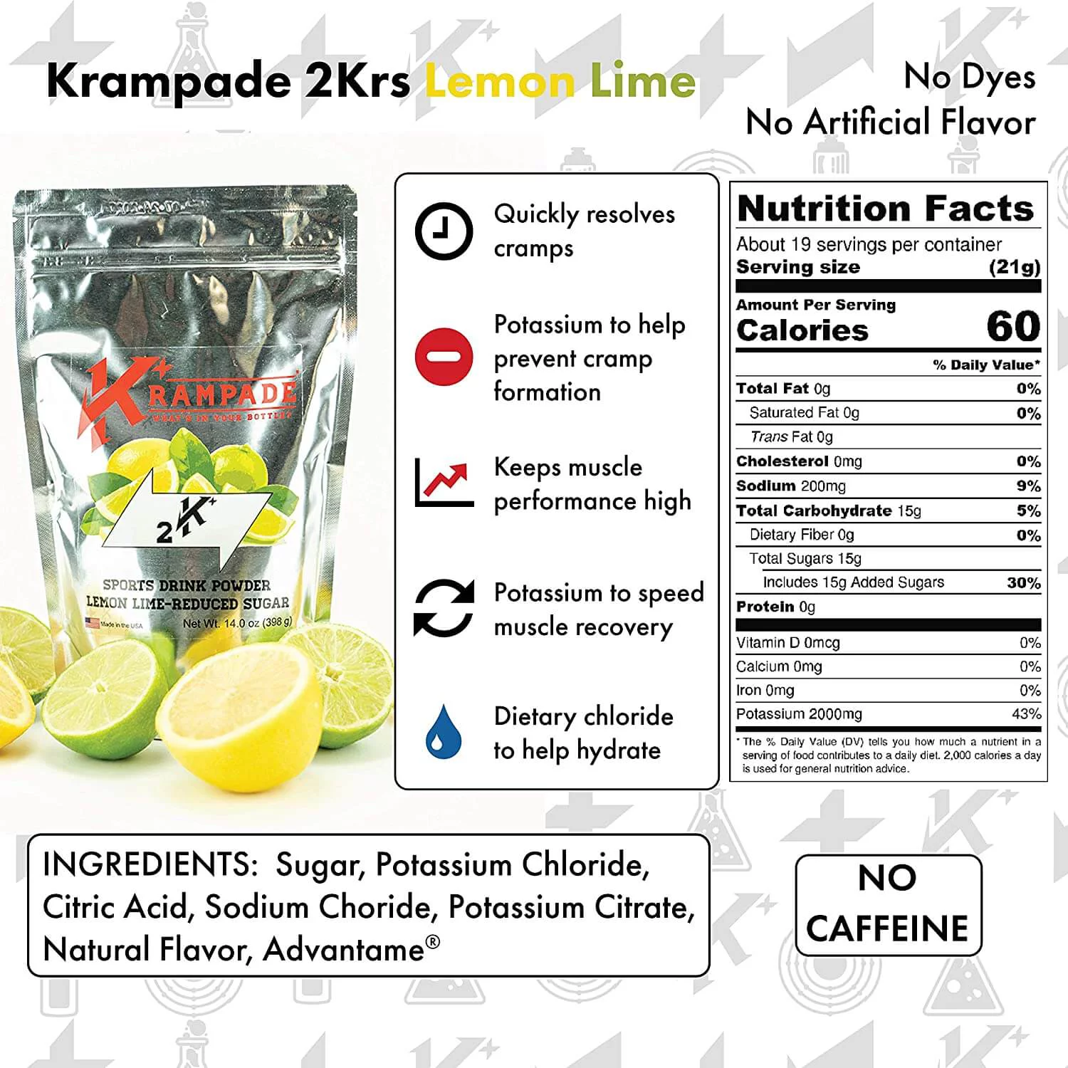 Krampade Original 2K Reduced Sugar - Lemon Lime - High Potassium Cramp Relief Electrolyte Drink Powder: Faster Recovery, Slower Fatigue, Optimized Hydration | 20 Single Serving Packets