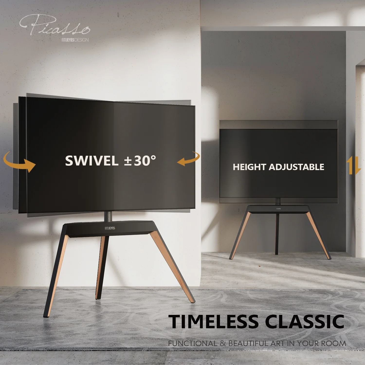 FITUEYES Design Corner TV Stand for 55 65 70 75 78 Inch TV, Easel TV Stand for Bedroom, Living Room and More, Modern TV Stand with Cable Management, Picasso Series.