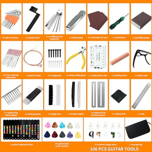 106Pcs Guitar Tool Kit, Guitar Accessories Guitar Maintenance Kit, Guitar Repair Kit with Capo Guitar Strings Picks Bridge Pins Gauge, TIMDAM Guitar Setup Kit for Ukulele Bass Mandolin Banjo Guitar