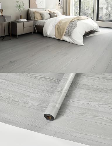 2 Rolls 15.7'' Wide Peel and Stick Floor Tiles FOGZUVR: 25.73 Sq.ft Self-Adhesive Thick Vinyl Flooring, Durable Waterproof Wood Grain Large Plank for Bathroom & Kitchen (Paleish Grey‌, 118''x15.7'')