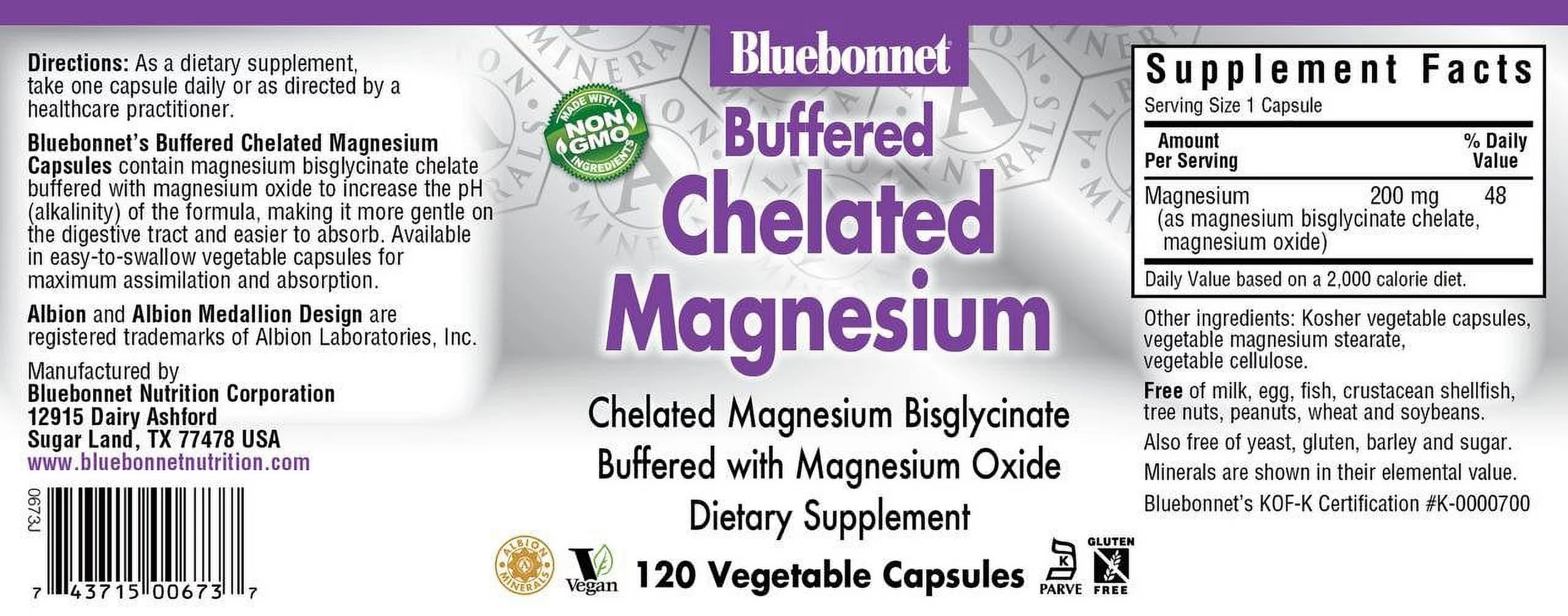 Bluebonnet Albion Chelated Buffered Magnesium 200 mg, 120 Vegetarian Capsules, 120 Count