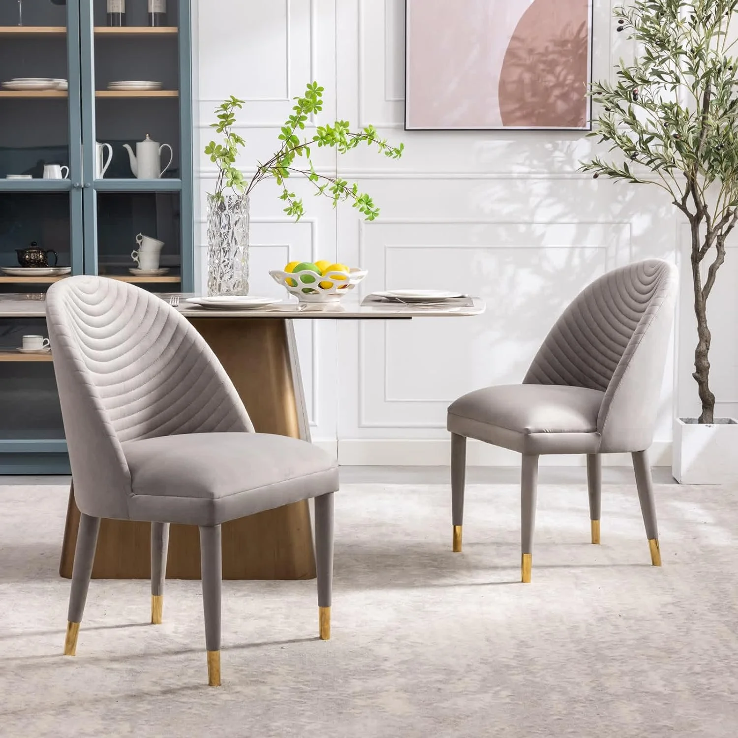 Tabaray Modern Dining Chairs Set of 2, Velvet Accent Chair Set of 2, Comfy Upholstered Side Chair with Gold Legs for Dining Room, Kitchen, Living Room, Bedroom, Waiting Room, Small Spaces, Grey