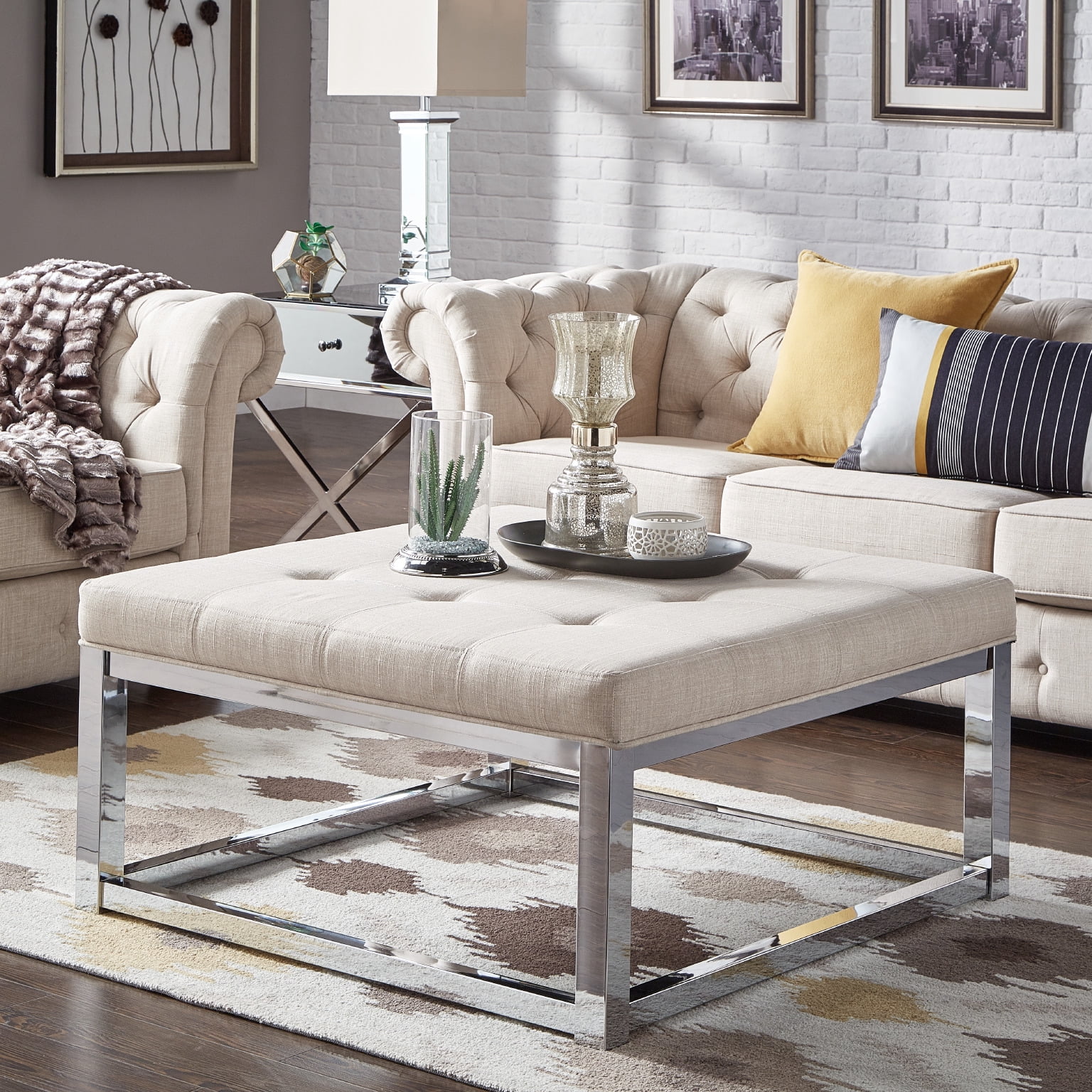 Weston Home Libby Dimpled Tufted Cushion Ottoman Coffee Table with Chrome Metal Straight Base, Beige Linen