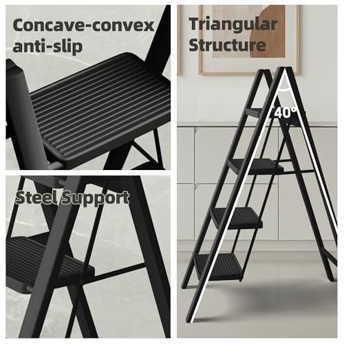 4 Step Ladder, Lightweight Folding Ladder with Anti-Slip Wide Pedal, Portable Multi-use Steel Step Stool for Adults, 330lbs Capacity Stepladder for Home, Office, Kitchen, Library (Black)