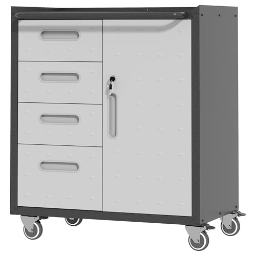 Metal Storage Cabinet with Wheels, Lockable Garage Cabinet with Doors and Shelves, Rolling Tool Storage, Assembly Required, Black