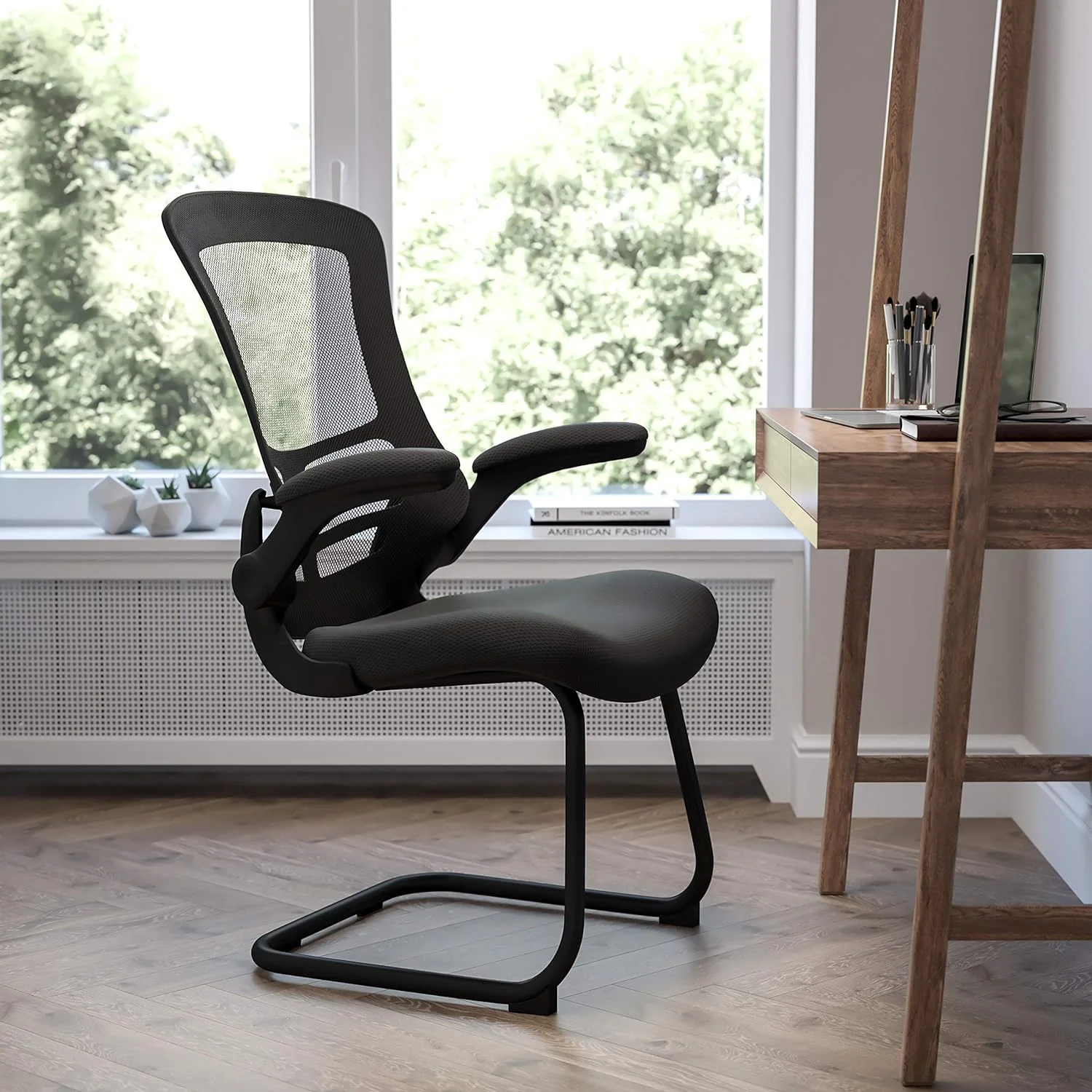 Black Mesh Sled Base Side Reception Chair With -Up Arms-Office Waiting Room