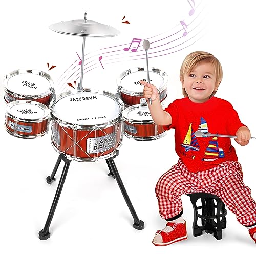 Kids Drum Set Music Toy Drum Set for Toddlers Ages 3-5 Jazz Drums Kit with Stool, 3 Drums Percussion Musical Instruments Toys for 3 4 5 Year Old Boys Girls Gifts