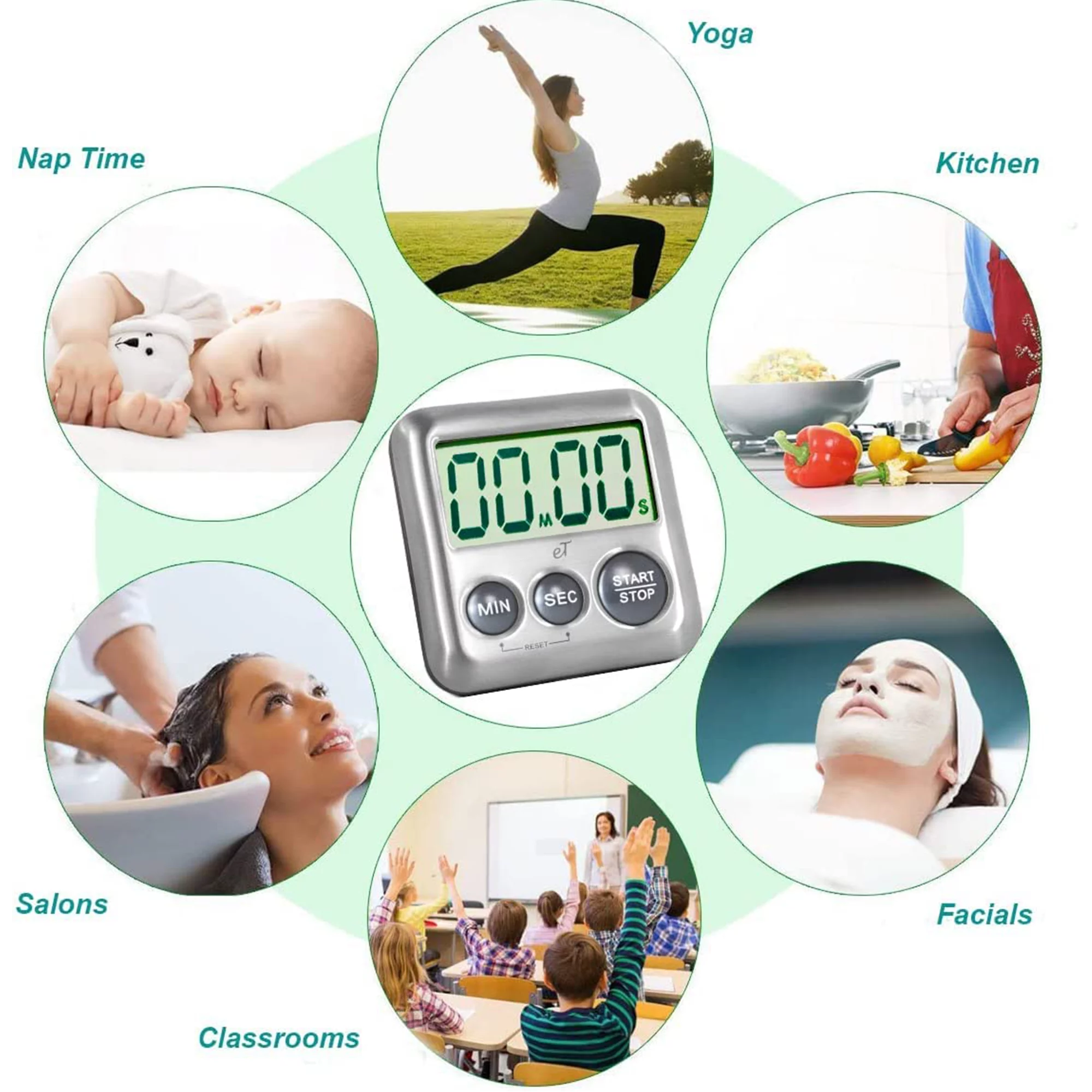 Etradewinds Elegant Stainless Steel Digital Kitchen Timer (Charcoal 6 Pack)