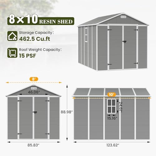 UDPATIO Outdoor Storage Shed 8 x 10 FT, Resin Garden Sheds with Floor Plastic Patio Outdoor Storage with Lockable Door for Tool, Bike, Garbage Gray White