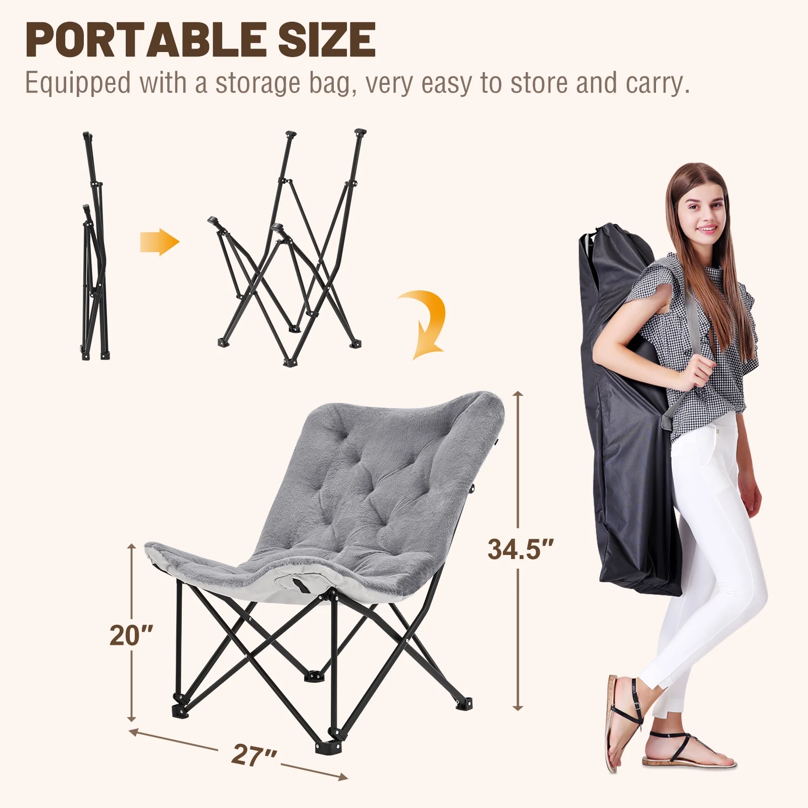 NAIZEA Oversized Folding Camping Chair with Mattress, Living Room Chairs for Adult, Comfy Chair for Indoor, Outdoor Butterfly Chair with Padded Seats, Support 300lbs