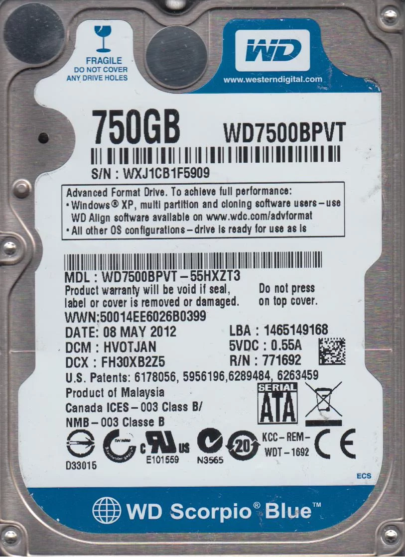 WD7500BPVT-55HXZT3, DCM HVOTJAN, Western Digital 750GB SATA 2.5 Hard Drive