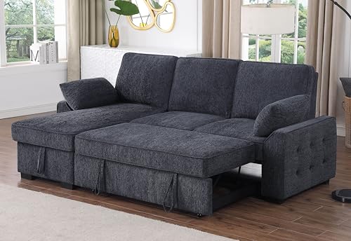 Convertible L Shaped Sleeper Sectional Sofa Pull Out Couch Bed , 86 INCH Chenille Upholstered Corner Sofabed 2 in 1 Pullout Sectional Couches w/ Pillow Armrest , Storage Chaise for Living Room Office