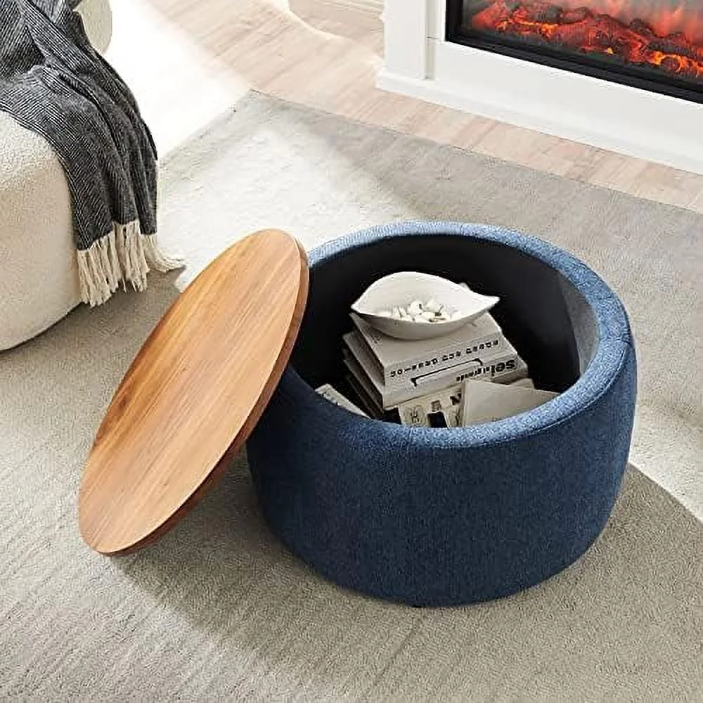 RUNFAYBIU Round Ottoman with  for Living Room - Coffee Table  Foot   Footstool  End Table - with Reversible Lid Tray (Natural)