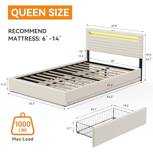 Chenille Upholstered Queen Bed Frame with 4 Storage Drawers, Platform Bed Frame with Headboard, Charging Station and LED Lights, Easy Assembly，No Box Spring Needed, Beige