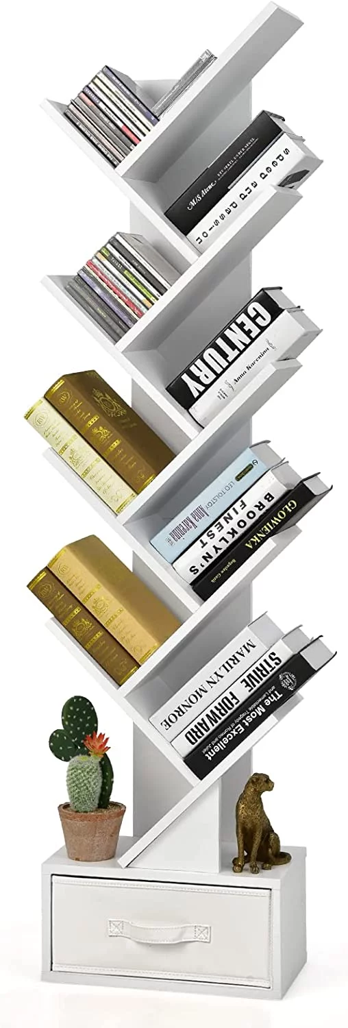 Tree Bookshelf with Drawer, 10 Shelf Space Saving White Wooden Bookcase, Freestanding Retro Wood Storage Rack, Decorative Bookshelf with Storage
