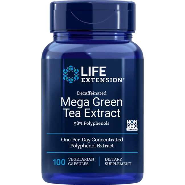 Life Extension Decaffeinated Mega Green Tea Extract – Polyphenol-Rich, Cell Health, Heart Health, Brain Health, Antioxidant Protection – Non-GMO, Gluten-Free, Vegetarian – 100 Capsules