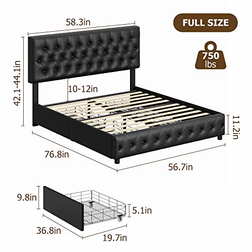 Queen Bed Frame with 4 Storage Drawers and Adjustable Headboard, Upholstered Platform Bed with Button Tufted Design, Strong Wooden Slats Support, No Box Spring Needed, Fabric, Cream