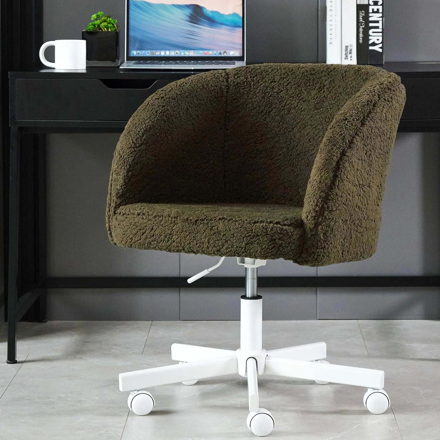 Sherpa  Office Chair Modern Boucle Desk Chairs Upholstered Height Adjustable Faux  Makeup Chair with Wheels for  Office Living Room Bedroom Vanity Study