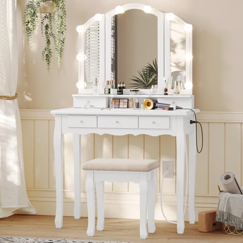 Tiptiper White Makeup Vanity with Lights & Charging Station, Vanity Desk with Mirror and 3 Colors of Lighting Effects, Vanity Table with Tri-Fold Mirror & Necklace Hooks, Makeup Table with Stool