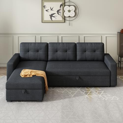 Ball & Cast L-Shape Reversible Sectional Sleeper Sofa Bed 4 in 1 Pull Out Couch with Storage Chaise & Removable Back Cushions,Convertible Sleeper Corner Couch Pull-Out Sofa Bed for Living Room,Office