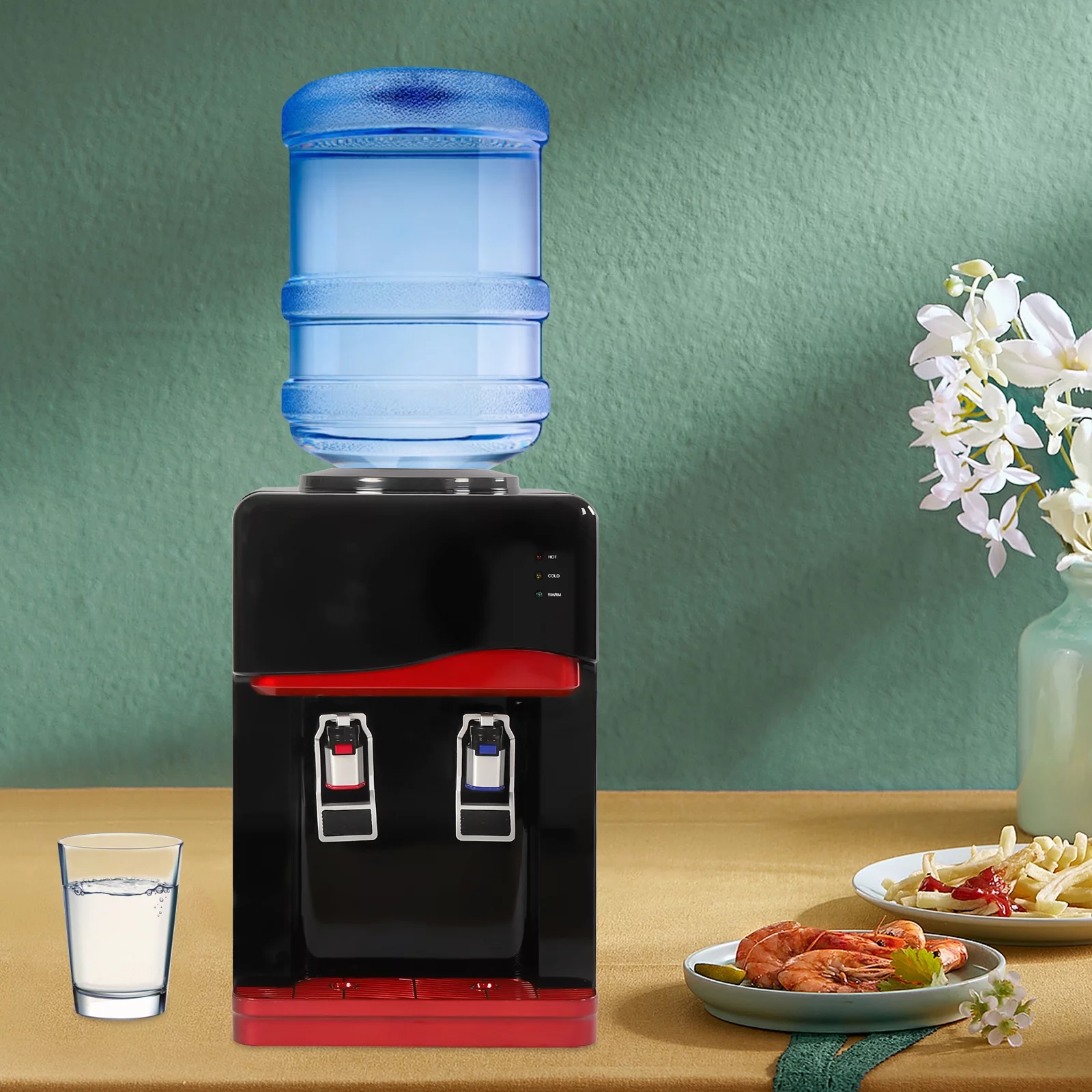 ZhdnBhnos 75W 5 Gallons Desktop Water Cooler Dispenser Countertop Top Loading Drinking Fountain Hot & Cold Water Cooler with Child Safety Lock