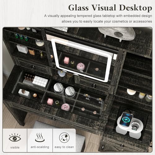 Farmhouse Makeup Vanity Desk with Sliding Mirror and Lights, 42