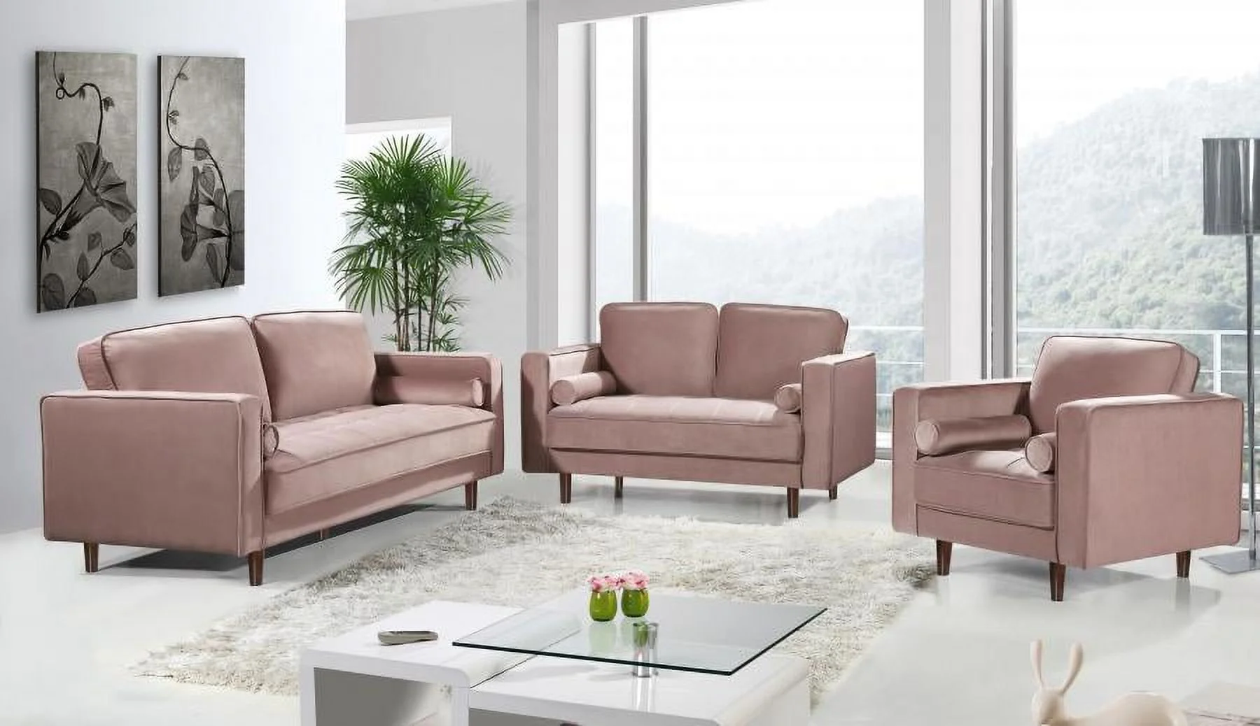Modern Pink Velvet Sofa Loveseat & Chair Set 3Pcs Meridian Furniture 625 Emily