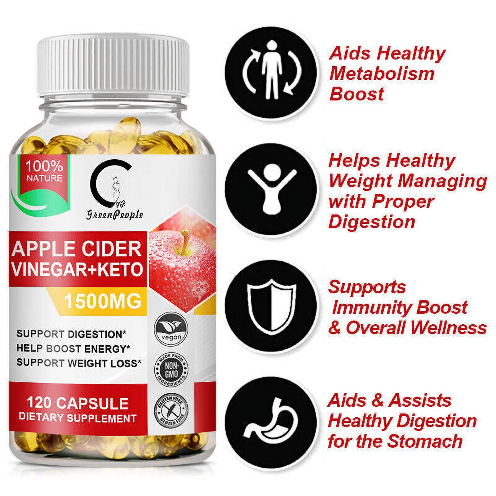 Green People Apple Cider Vinegar Plus Capsules 1500mg with Mother Weight Loss Fat Burner 60 Capsules