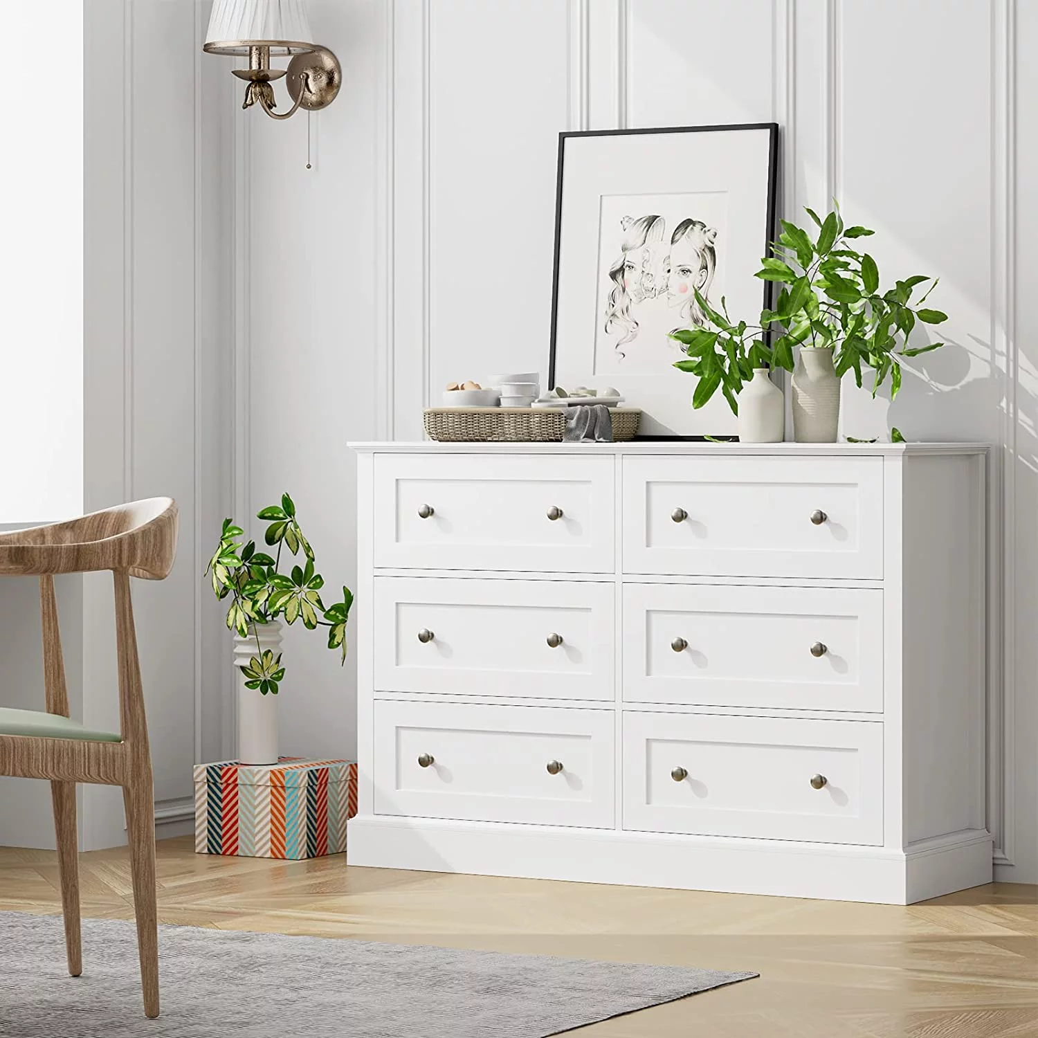 Popular 6 Drawer Double Dresser  White Dresser for Bedroom  Wide Chest of Drawers with Deep Drawers & Mental Double Handles for Hallway Living Room