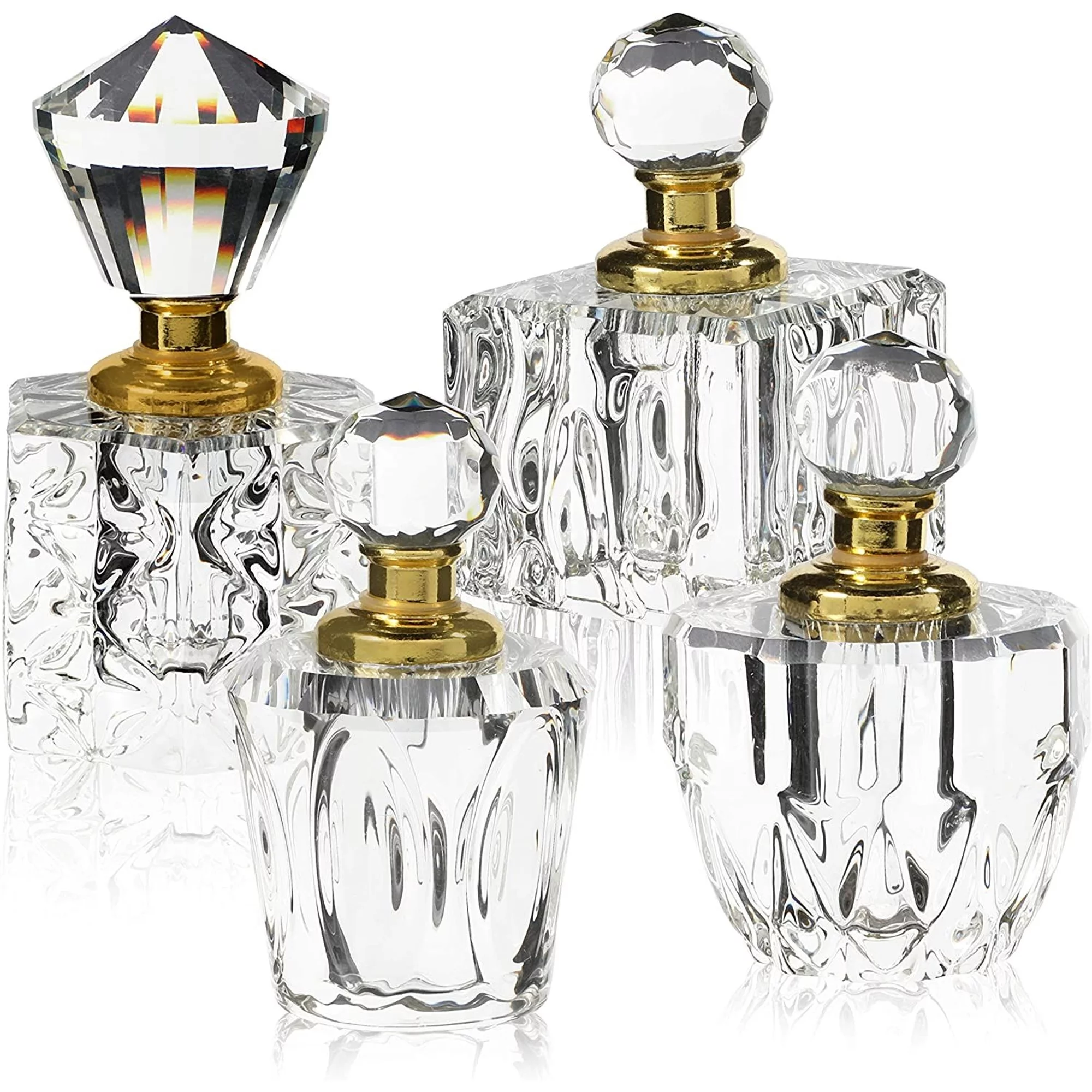 4 Pack Crystal Perfume Bottle Set in 4 Unique Designs, Empty Refillable Bottles for Fragrances, Bathroom Decor