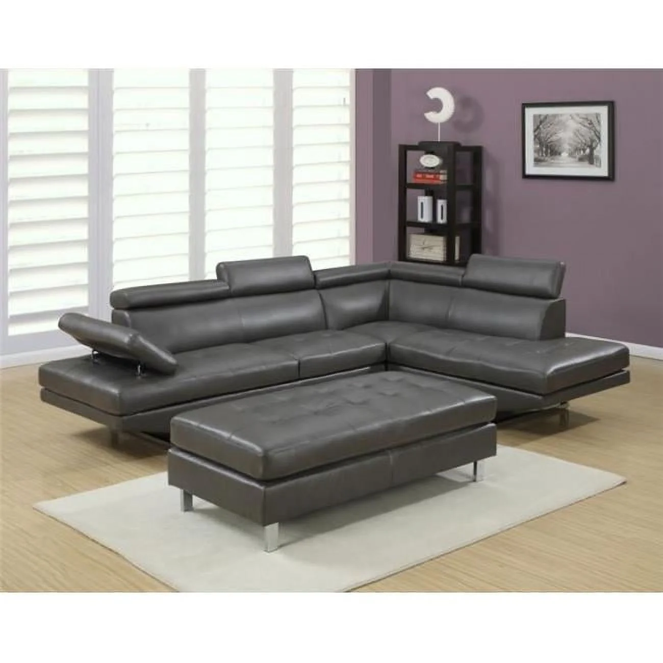 Logan Collection Sectional Sofa Set with Bonded Leather Left Facing Style, Gray - 3 Piece