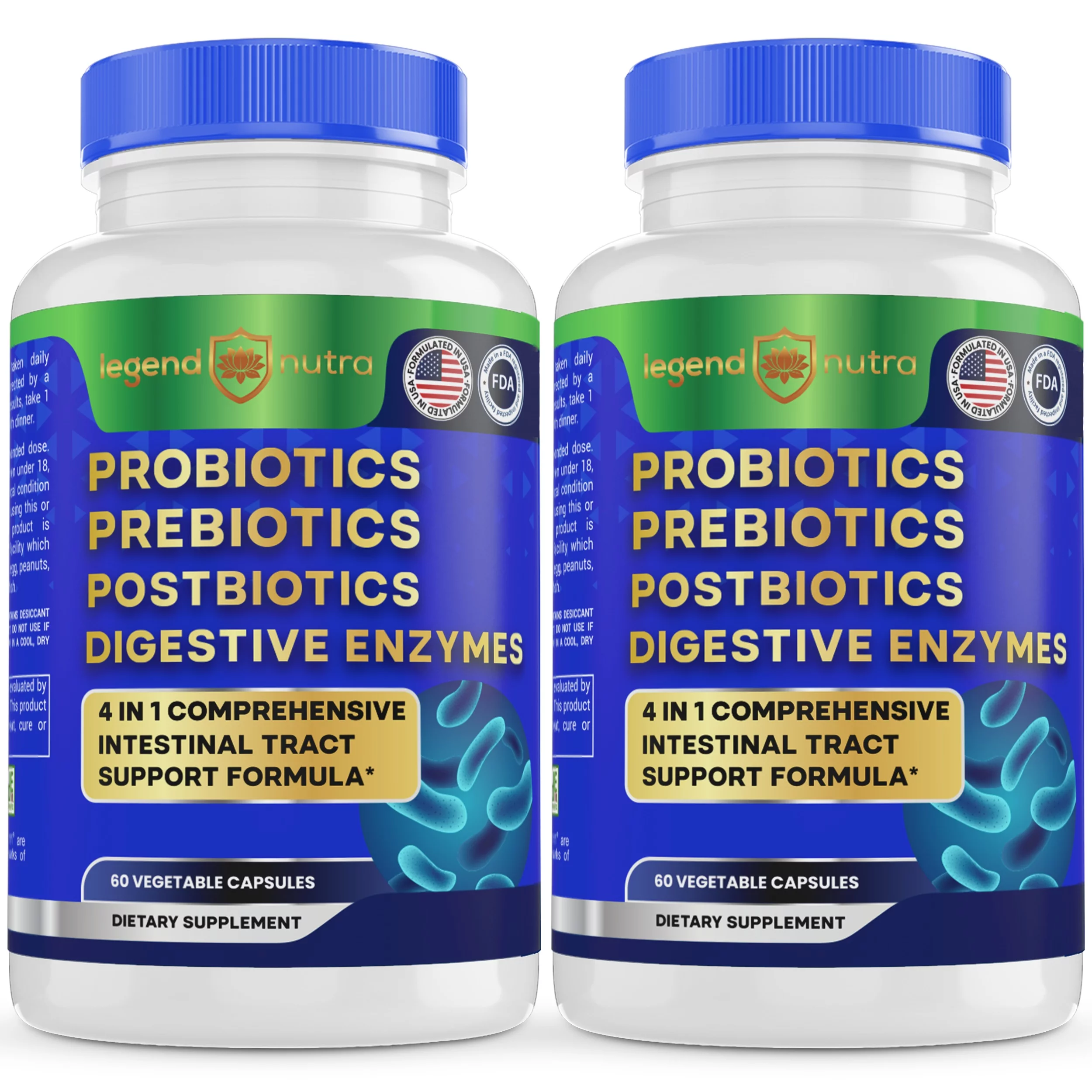 Probiotics Prebiotics Postbiotics Digestive Enzymes 4 in 1 for Men Women, 2-Pack, 120 Ct, Legend Nutra