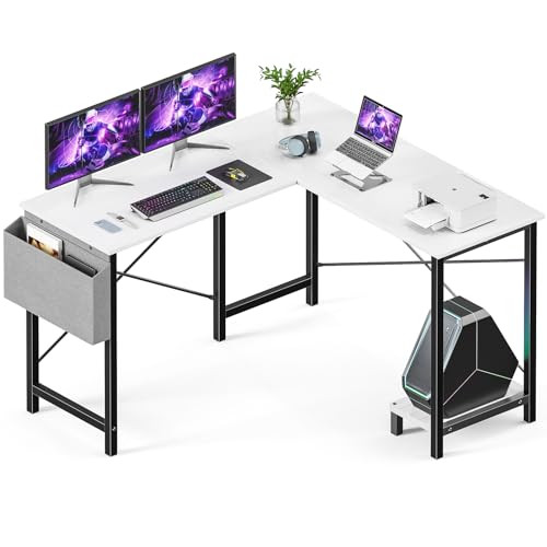 Sweetcrispy L Shaped Computer Desk - Gaming Table Corner Desk 50 Inch PC Writing Black Desk Study Desks with Wooden Desktop CPU Stand Side Bag Reversible for Home Office Dorm Small Space