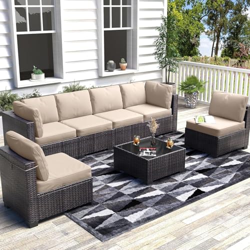 6 Piece Outdoor Patio Furniture Set with Coffee Table, Rattan Deck Conversation Sofa Set, All-Weather Sectional Rattan Sofa with Glass Top Coffee Table, Poolside, Garden, Porch, Grey + Beige