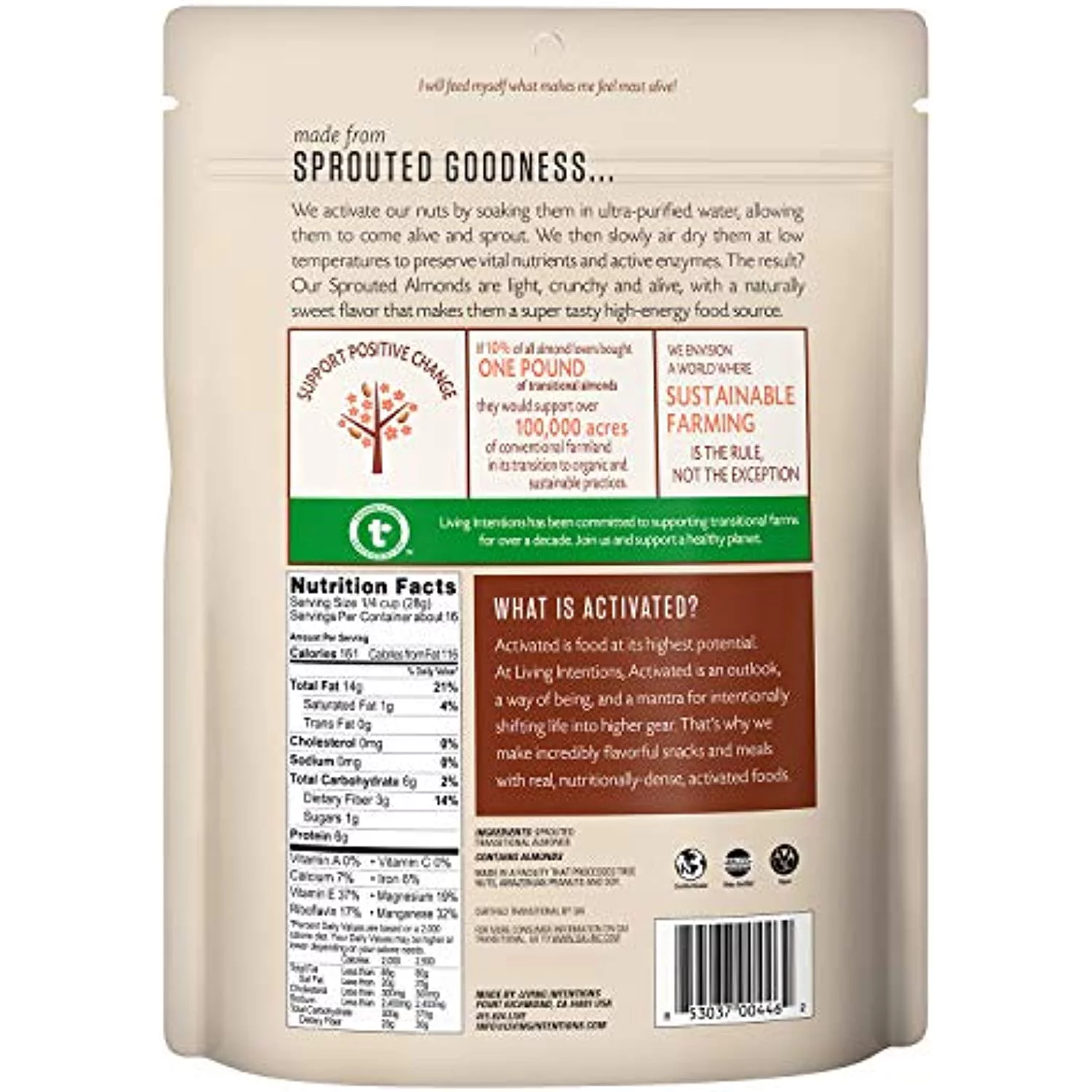 Living Intentions Sprouted Transitional Almonds, Nongmo, Gluten Free, Vegan, Paleo, Kosher,16 Oz