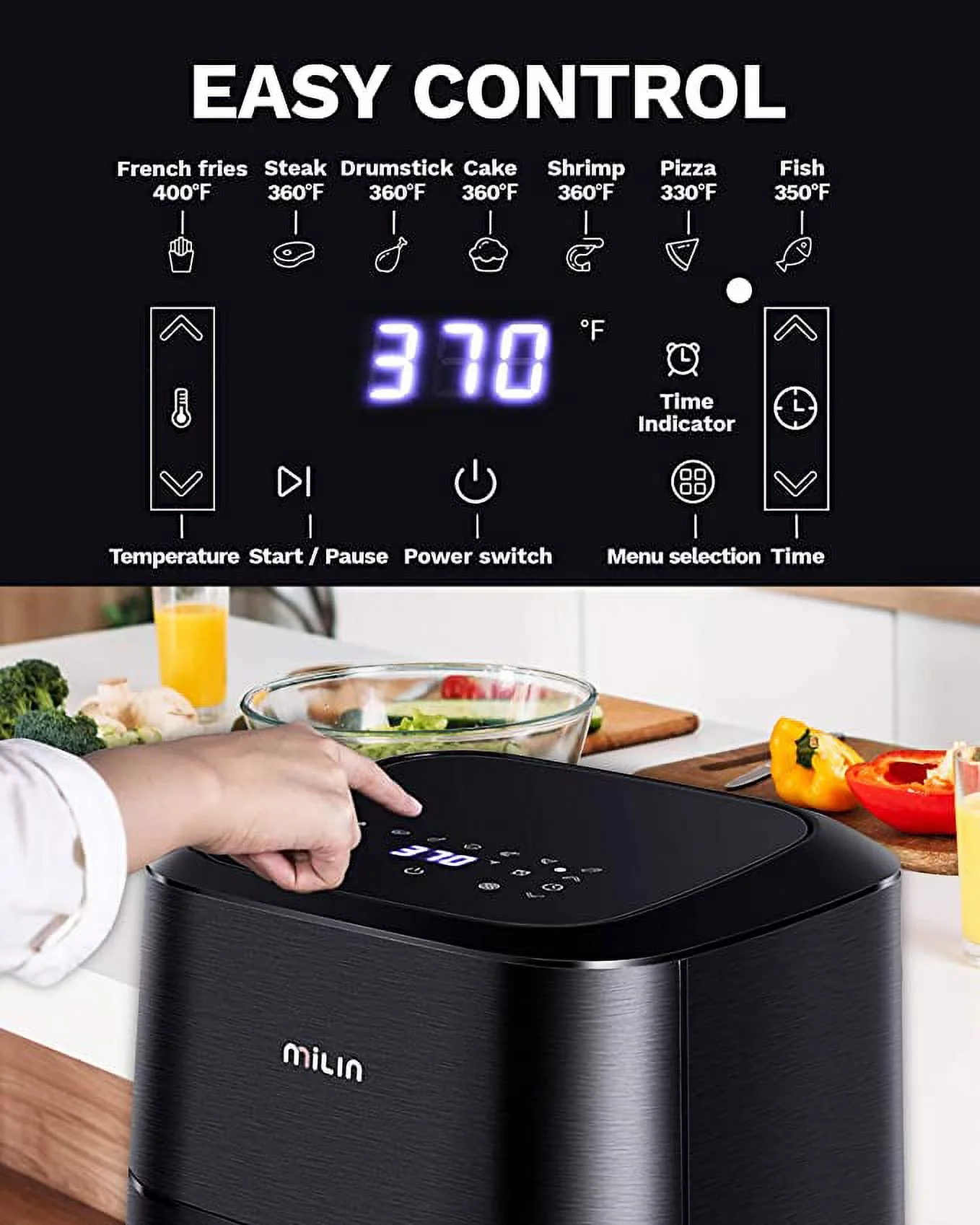 MILIN Air Fryer 5.8 Quart, 1700-Watt Electric Hot Airfryers Oven with LED Digital Screen and Temperature Control, 7 Presets, Nonstick Basket, 100 Recipes & ETL Certified