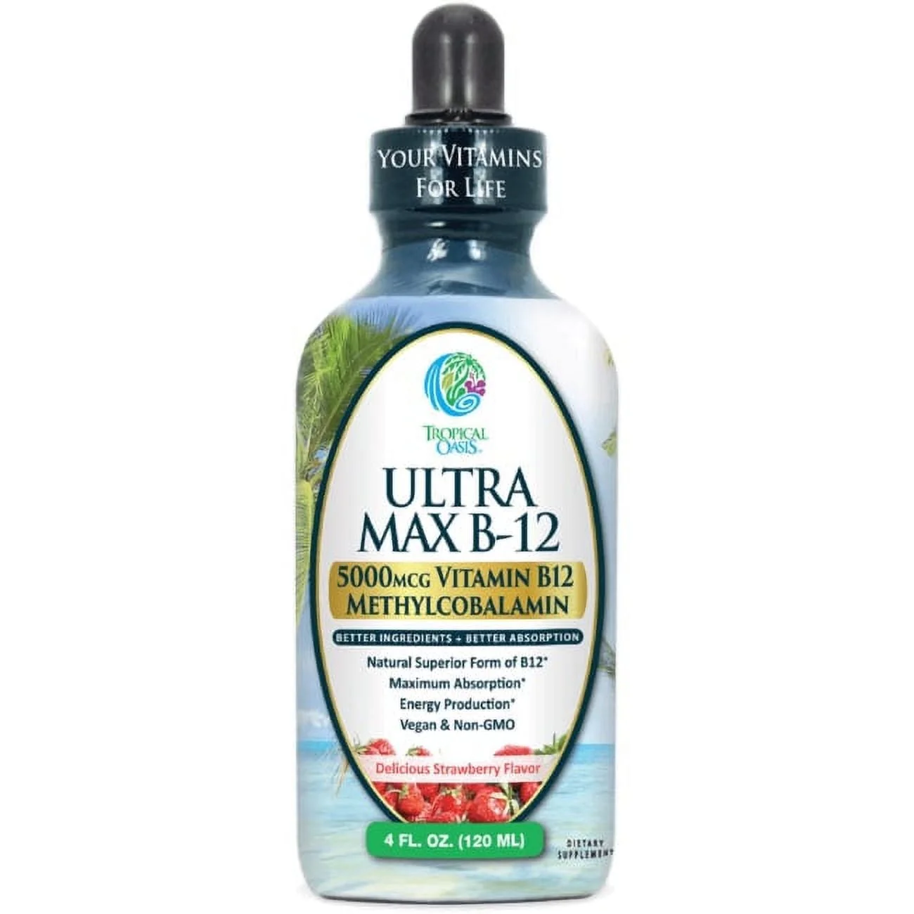 Tropical Oasis ULTRA Max B12: 5000 mg Liquid Drops; Methyl B12 for Energy Boost; Vegan, Non-GMO; Strawberry, 4oz