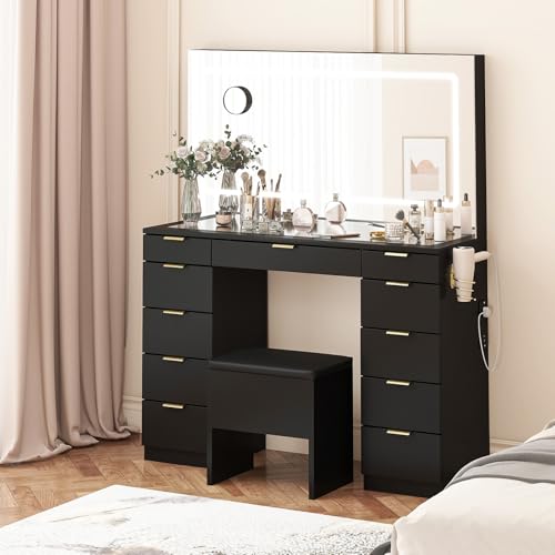Farmhouse Vanity Desk with Sliding Lighted Mirror & Stool, Vanity Dresser Combo, Large Makeup Vanity with 8 Storage Shelves, 5 Drawers, Extendable Large Dressing Table with Charging Station